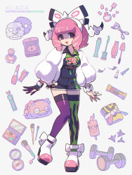 Rule 34 | 1girl, :3, asymmetrical legwear, breasts, character name, coat, collared shirt, commentary request, compact (cosmetics), cosmetics, dynamax band, equipment layout, eyelashes, fur coat, gen 4 pokemon, gloves, hairband, highres, klara (pokemon), mayuzumi, medium hair, mismatched legwear, mole, mole under mouth, nail polish, nail polish bottle, nintendo, partially fingerless gloves, pink hair, pink nails, pokemon, pokemon (creature), pokemon swsh, print shirt, print shorts, rotom, rotom phone, shaded face, shirt, shorts, side slit, side slit shorts, single glove, smile, thighhighs, uneven legwear, white coat, white hairband
