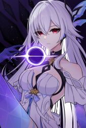 1girl bare_shoulders between_breasts black_background black_hole blue_gemstone breasts closed_mouth clothing_cutout commentary crossed_bangs crystal_shards diamond-shaped_pupils diamond_(shape) dress elbow_gloves expressionless gem genshin_impact gloves gradient_gloves gradient_thighhighs hair_between_eyes hair_intakes hair_ornament halter_dress halterneck hand_up highres karaage_(karaage_x_x) large_breasts leg_up long_hair looking_at_viewer night night_sky purple_gloves purple_thighhighs red_eyes short_dress skirk_(genshin_impact) sky sleeveless sleeveless_dress solo star_(sky) star_ornament starry_sky symbol-shaped_pupils thighhighs very_long_hair white_hair