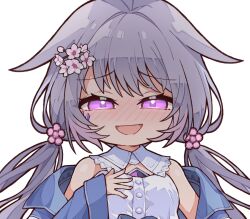 Rule 34 | 1girl, bare shoulders, blush, chest jewel, chibi, glowing, glowing eyes, grey hair, hair flaps, highres, hololive, hololive english, koseki bijou, kukie-nyan, long hair, low twintails, open mouth, purple hair, simple background, smug, solo, twintails, upper body, virtual youtuber, white background
