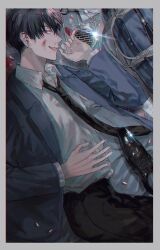 1boy 1other black_hair black_necktie black_pants black_shoes blood blood_on_face blood_on_ground blue_bag blue_jacket border collared_shirt commentary_request earrings grey_border hand_on_own_stomach highres holding holding_pill jacket jewelry looking_at_viewer lying male_focus necktie on_back on_ground open_clothes open_jacket open_mouth original pants partially_unzipped pill purple_eyes scissors shirt shoes short_hair smile solo_focus sparkle st31010 upper_body white_shirt