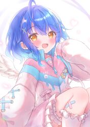 absurdres ahoge amamiya_kokoro angel_wings bandages blue_hair blush braid commentary fang hair_between_eyes hair_ornament happy heart heart_hair_ornament highres looking_at_viewer matcha_november nijisanji open_mouth sidelocks simple_background skin_fang virtual_youtuber wings x_hair_ornament yellow_eyes