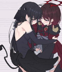 2girls after_kiss ahoge awa_subaru black_cape black_gloves black_hair blue_eyes blush breasts bridal_gauntlets brown_hair cape carrying carrying_person chinese_commentary commentary_request demon_tail girls_band_cry gloves highres iseri_nina low_twintails medium_breasts midriff_peek multiple_girls open_mouth pointy_ears red_brooch saliva saliva_trail short_hair short_twintails tail twintails wings yun_cao_bing yuri