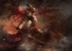 1girl absurdres armor charging_forward covered_eyes elden_ring gold_armor gold_headwear golden_sword hair_flowing_over helmet helmet_over_eyes highres holding holding_sword holding_weapon katana leg_up long_hair long_sword lordigan malenia_blade_of_miquella malenia_goddess_of_rot multiple_scars no_nipples prosthesis prosthetic_arm prosthetic_leg red_hair red_skirt red_wings scar scar_on_breasts scar_on_chest scar_on_hip skirt sword topless_female valkyrie warrior weapon winged_helmet wings