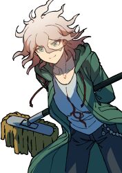 1boy absurdres black_pants broom brown_hair chain collarbone danganronpa_(series) danganronpa_2:_goodbye_despair gradient_hair green_jacket grey_eyes hair_between_eyes highres holding holding_broom hood hood_down hooded_jacket jacket komaeda_nagito male_focus messy_hair multicolored_hair open_clothes open_jacket pants print_shirt shirt smile solo white_background white_shirt youko-shima