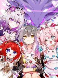 4girls ;o absurdres aqua_eyes black_coat black_gloves blue_eyes breasts castorice_(honkai:_star_rail) coat commentary_request cross-shaped_pupils double_v dragon dress gloves grey_hair highres honkai:_star_rail honkai_(series) hyacine_(honkai:_star_rail) little_ica_(honkai:_star_rail) long_hair medium_breasts mem_(honkai:_star_rail) multiple_girls oishii_sasa one_eye_closed open_mouth pegasus pink_fur pink_hair pointy_ears pollux_(honkai:_star_rail) purple_eyes purple_gloves purple_hair red_hair smile star-shaped_pupils star_(symbol) stelle_(honkai:_star_rail) symbol-shaped_pupils trailblazer_(honkai:_star_rail) tribbie_(honkai:_star_rail) v white_dress yellow_eyes