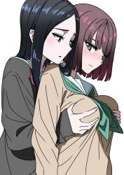 2girls aqua_neckerchief black_hair black_shirt blush brown_hair brown_sweater closed_mouth copyright_request grabbing_another&#039;s_breast grabbing_from_behind green_eyes groping highres long_hair multiple_girls neckerchief ogino_jun parted_lips purple_eyes sailor_collar school_uniform serafuku shirt short_hair simple_background sweater upper_body white_background white_sailor_collar yuri