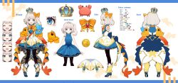 :d =_= absurdres asymmetrical_hair asymmetrical_sidelocks black_leggings blonde_hair blue_boots blue_bow blue_dress blue_eyes boots bow corset crown detached_sleeves dress embroidery fish frown gold_medal goldfish hair_bow happy high_heels highres leggings marimari_(vtuber) marimari_(vtuber)_(marimari_2.0) medallion medium_hair nejime official_art open_mouth orange_bow orange_sash phase_connect princess reference_sheet sad side_ponytail skirt smile thick_eyebrows vest virtual_youtuber white_corset white_skirt