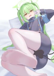 1girl absurdres armband black_jacket black_shorts blue_archive blue_armband buttons commentary_request demon_tail double-breasted feet foot_focus foot_out_of_frame gloves green_hair green_halo hair_between_eyes halo hand_up highres jacket kajitsu_no_hito leg_up long_hair long_sleeves looking_at_viewer lying nozomi_(blue_archive) pantyhose partial_commentary pillow pointy_ears short_shorts shorts small_sweatdrop soles solo tail twintails white_gloves white_pantyhose yellow_eyes