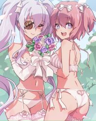 2girls artist_name ass ass_cutout bikini blue_eyes bouquet bow breasts bridal_lingerie butt_crack clothing_cutout commentary_request cross-shaped_pupils elbow_gloves eyepatch flower garter_belt garter_straps gloves hair_bow heart_cutout hibari_(senran_kagura) holding holding_bouquet large_breasts lingerie long_hair looking_at_viewer medium_hair multiple_girls open_mouth panties pink_hair red_eyes rose senran_kagura signature smile swimsuit symbol-shaped_pupils syuuka617 thighhighs twintails underwear white_bikini white_bow white_flower white_gloves white_hair white_petals white_rose white_thighhighs yagyu_(senran_kagura)
