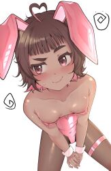 1girl animal_ears antenna_hair bare_shoulders between_legs blush breasts brown_hair brown_pantyhose closed_mouth collarbone colored_inner_hair covered_navel dark-skinned_female dark_skin dot_nose embarrassed fake_animal_ears female_focus from_above hand_between_legs leotard looking_afar looking_to_the_side medium_hair meemz_a multicolored_hair nail_polish nervous nervous_smile nervous_sweating nipple_slip nipples original pantyhose petite pink_eyes pink_hair pink_leotard playboy_bunny rabbit_ears simple_background sitting small_breasts smile smug solo strapless strapless_leotard sweat thick_eyebrows two-tone_hair white_background wrist_cuffs