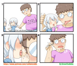 1boy 2girls 4koma :d absurdres bad_id bad_pixiv_id blue_shirt blush brown_hair comic commentary_request cotton_swab ear_licking english_text glasses greenteaneko holding_hands highres holding licking low_twintails multiple_girls nose_blush numbered_panels opaque_glasses open_mouth original patreon_username personification pink_shirt saliva shirt short_sleeves silver_hair smile square_4koma sweat torogao twintails twitter_username watermark web_address white_background |_|