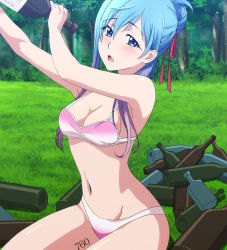 1girl blue_eyes blue_hair blush bottle bra breasts cleavage forest grass hair_bun hair_ribbon highres hina_(plunderer) looking_at_viewer medium_breasts nature open_mouth panties pink_bra pink_panties plunderer ribbon single_hair_bun sitting tattoo tree underwear
