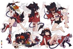 1girl absurdres ass barefoot black_hair burger color_guide demon_girl fallen_down flat_chest food full_body highres horns multicolored_hair multiple_views original pointy_ears red_hair roller_skates sharp_teeth short_shorts shorts skates smile spill teeth toes tripping two-tone_hair undressing waitress yellow_eyes zizi_niisan