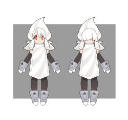 2girls boots caking reference_sheet genderswap genderswap_(mtf) goz-zz hair_over_eyes highres kamen_rider kamen_rider_gavv_(series) mittens multiple_girls red_eyes rider-tan simple_background tabard whip_soldier white_hair white_tabard