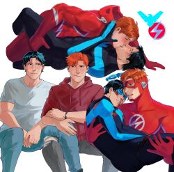 2boys absurdres ass bara black_bodysuit black_hair black_pants blood blood_on_face blue_bodysuit blue_pants blush bodysuit carrying carrying_person closed_eyes couple dc_comics dick_grayson domino_mask haljordanmylove highres hood hood_down hoodie injury kid_flash kiss large_pectorals looking_at_another lying male_focus mask multiple_boys muscular muscular_male nightwing on_back open_mouth orange_hair pants pectorals red_bodysuit red_hoodie shirt short_hair torn_bodysuit torn_clothes unworn_mask wally_west white_bodysuit white_shirt yaoi young_justice
