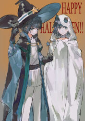 2boys absurdres bandaged_head bandaged_neck bandages belt black_belt black_capelet black_gloves black_hat black_robe blue_eyes blue_hair blue_hat blue_robe brown_background capelet cardfight!!_vanguard closed_mouth collarbone commentary_request dual_persona english_text feet_out_of_frame ghost_costume gloves gradient_background halloween_costume hand_on_headwear happy_halloween hat hat_ornament highres holding holding_wand hood hood_down hooded_capelet large_hat long_sleeves looking_at_viewer male_focus morgue_(southsakura) multiple_boys nervous open_clothes open_mouth open_robe pants robe sendou_aichi short_hair sleeves_past_fingers sleeves_past_wrists smile star_(symbol) star_hat_ornament star_wand tunic two-sided_fabric two-sided_headwear two-sided_robe wand white_pants white_tunic wizard wizard_hat