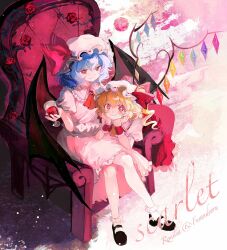 2girls ascot bat_wings black_shoes blonde_hair blue_hair chair character_name closed_mouth collared_shirt cup drinking_glass flandre_scarlet frilled_shirt_collar frills hat hat_ribbon highres long_hair looking_at_viewer mob_cap multiple_girls pink_hat pink_shirt pink_skirt red_ascot red_eyes red_ribbon remilia_scarlet ribbon shirt shoes short_hair siblings sisters sitting skirt smile touhou white_hat white_shirt white_shoes wine_glass wings wrist_cuffs yellow_ascot youshouhaoxianzhe