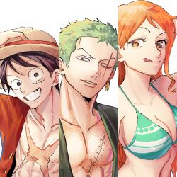 Rule 34 | 1girl, 2boys, bare shoulders, bikini, black hair, breasts, cleavage, collarbone, commentary request, earrings, facial scar, feichangkou, green bikini, green hair, grin, halterneck, hand on headwear, hat, highres, jewelry, long hair, looking at viewer, medium breasts, monkey d. luffy, multiple boys, nami (one piece), one piece, open clothes, open shirt, orange eyes, orange hair, parted lips, roronoa zoro, scar, scar across eye, scar on cheek, scar on chest, scar on face, short hair, single sidelock, smile, straw hat, straw hat pirates, swimsuit, tongue, tongue out, upper body, white background