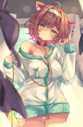 :3 absurdres animal_ears bra brown_hair cat_ears chain chain_leash collar covered_erect_nipples fortissimo green_eyes hair_ornament hands_in_own_hair highres leash miori_celesta musical_note musical_note_hair_ornament nipple_piercing off_shoulder panties piercing tagme underwear