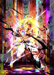 1boy absurdres aura black_vest blonde_hair blue_sash blz_(blz151101) cropped_vest dragon_ball dragon_ball_super dragonball_z energy_ball full_body glitch gogeta halo highres medium_hair metamoran_vest muscular muscular_male no_shirt pants sash solo son_goku spiked_hair super_saiyan super_saiyan_1 vegeta vest white_pants