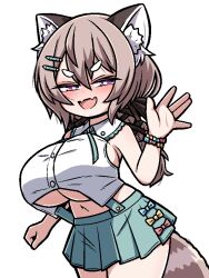 Rule 34 | 1girl, alternate breast size, animal ear fluff, animal ears, bare shoulders, blue bow, blush, bow, bow skirt, bracelet, breasts, bright pupils, brown hair, brown ribbon, cowboy shot, dot nose, fangs, green shirt, green skirt, hair ornament, hair ribbon, hairclip, hand up, hashtag-only commentary, ink (inksgirls), jewelry, komachi panko, lace-trimmed collar, lace trim, large breasts, long hair, looking at viewer, miniskirt, navel, no bra, open mouth, phase connect, pink bow, pink eyes, pleated skirt, raccoon ears, raccoon girl, raccoon tail, ribbon, shirt, short eyebrows, sideboob, sidelocks, simple background, skin fangs, skirt, sleeveless, sleeveless shirt, smile, solo, straight hair, suspender skirt, suspenders, tail, thick eyebrows, two-tone shirt, underboob, very long hair, waving, white background, white pupils, white shirt, yellow bow