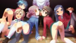 5girls all_fours ass bad_link black_background black_pantyhose black_thighhighs blazer blue_eyes blue_hair blue_panties blue_stripes blush brown_eyes brown_hair censored clothing_aside cooperative_fellatio disembodied_penis fellatio ga_geijutsuka_art_design_class glasses green_ribbon green_skirt grin hair_ornament hair_up hairclip handjob jacket kneeling kneepits licking licking_penis long_hair looking_at_viewer looking_back mosaic_censoring multiple_girls multiple_penises noda_miki nozaki_namiko oomichi_miyabi open_mouth oral osanadaisuke panties panties_aside pantyhose penis pink_panties ponytail red_jacket ribbon sex shirt short_hair simple_background skirt smile socks striped_clothes striped_panties teamwork_(sexual) teeth thighhighs tomboy tomokane tongue tongue_out torn_clothes torn_pantyhose underwear vaginal white_panties white_shirt white_socks yamaguchi_kisaragi yellow_eyes