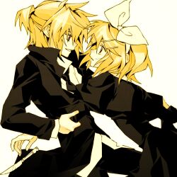 1boy 1girl absurdres black_necktie blonde_hair hair_ornament hairclip highres hynn0x_x kagamine_len kagamine_rin knife nazotoki_(vocaloid) necktie ponytail smile surprised vocaloid