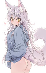 1girl animal_ears ass blue_hoodie blush bottomless breasts brown_eyes closed_mouth clothes_lift commentary_request fang fang_out fox_ears fox_girl fox_tail from_side grey_hair hair_between_eyes heart highres hood hood_down hoodie hoodie_lift lifting_own_clothes long_hair long_sleeves looking_at_viewer looking_to_the_side medium_breasts original puffy_long_sleeves puffy_sleeves simple_background sleeves_past_wrists smile solo tail tateha_(marvelous_grace) very_long_hair white_background
