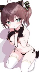 1girl animal_ears bikini blush breasts brown_hair cat_ears collar globe green_eyes highres hololive kneehighs natsuiro_matsuri navel panties ponytail ribbon side-tie_panties simple_background sitting small_breasts socks sweat swimsuit thighs underwear virtual_youtuber wariza