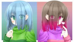 amber_lightvale bete_noire blue_background blue_hair brown_hair glitchtale green_background green_eyes green_sweater pink_sweater purple_background purple_sweater red_eyes red_hair smile sweater undertale white_background