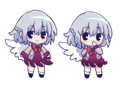 Rule 34 | 1girl, angel wings, bow, bowtie, braid, chibi, chibi only, closed mouth, commentary, covering own mouth, dress, grey hair, hashtag-only commentary, jacket, kishin sagume, long sleeves, looking at viewer, multiple views, open clothes, open jacket, purple dress, red bow, red bowtie, silverrain, simple background, single wing, smile, suit jacket, touhou, white background, white wings, wings