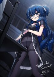 Rule 34 | + +, 1girl, aallotar (ac8231), absurdres, bell, black dress, black panties, black pantyhose, blue dress, blue eyes, blue hair, blush, breasts, clothes lift, collarbone, commentary request, commission, crotch rub, desk, double bun, dress, dress lift, female masturbation, frilled dress, frills, glasses, hair bun, heebee, highres, indoors, lifting own clothes, long hair, masturbation, masturbation through clothes, medium breasts, neck bell, original, panties, pantyhose, parted lips, ribbon, round eyewear, second-party source, short sleeves, signature, skeb commission, solo, sparkling eyes, sweat, symbol-shaped pupils, table humping, thank you, two-tone dress, underwear, white ribbon