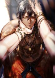 Rule 34 | 1boy, bracelet, fate/grand order, fate (series), gilgamesh (fate), hair between eyes, hand on another&#039;s face, hand on another&#039;s head, highres, jewelry, looking at viewer, male focus, necklace, one eye closed, orange pants, ozymandias (fate), pants, pov, sakura hitsuji, solo focus, tan, topless male, yaoi, yellow eyes