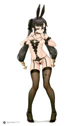 1girl absurdres alternate_eye_color animal_ears black_bra black_footwear black_garter_belt black_hair black_hairband black_panties black_thighhighs bra breasts closed_mouth collarbone commentary_request cupless_bra fake_animal_ears full_body garter_belt genshin_impact gluteal_fold grabbing_own_breast grey_eyes hair_between_eyes hair_ornament hairband high_heels highres l_ract legs_apart long_hair looking_at_viewer mona_(genshin_impact) nipples panties rabbit_ears simple_background skindentation small_breasts solo standing thighhighs tsurime twintails underwear underwear_only very_long_hair white_background wrist_cuffs