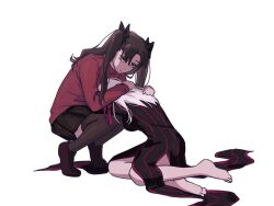 2girls bare_legs black_bow black_dress black_skirt black_thighhighs blue_eyes bow brown_hair comforting commentary_request dark_persona dark_sakura dress fate/stay_night fate_(series) hair_ribbon heaven&#039;s_feel hug hwanm_fate korean_commentary leaning_on_person long_hair long_sleeves matou_sakura multiple_girls no_nose parted_bangs pleated_skirt red_stripes red_sweater ribbon siblings simple_background sisters skirt squatting striped_clothes sweater thighhighs tohsaka_rin turtleneck twintails vertical-striped_clothes white_background white_hair