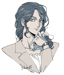 1girl collarbone commentary_request cropped_torso hair_ornament hair_over_shoulder hair_scrunchie hand_up ichigo_beeru korean_commentary long_hair long_sleeves looking_at_viewer parted_lips scrunchie shimizu_eiko signature simple_background smile solo toshi_densetsu_kaitai_center upper_body watch wavy_hair white_background wristwatch