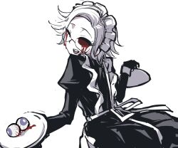 1boy aotsuki_eito apron bleeding bleeding_eye blood blood_on_face bloody_tears crossdressing eyescream highres holding holding_tray long_sleeves maid maid_apron maid_headdress male_focus open_mouth removed_eye simple_background solo solo_focus teeth the_hundred_line_-last_defense_academy- tongue tray upper_teeth_only white_background