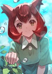 1girl akayama3952 bianca_(pokemon_heroes) breasts brown_hair closed_mouth collared_shirt commentary_request day from_below gen_3_pokemon green_shirt latias legendary_pokemon looking_at_viewer medium_breasts medium_hair nintendo outdoors pink_nails plant pokemon pokemon_(anime) pokemon_(classic_anime) pokemon_(creature) pokemon_heroes:_latios_&amp;_latias shirt short_sleeves sky smile solo_focus sparkling_eyes upper_body water_drop yellow_eyes