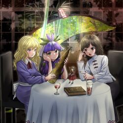 3girls bamboo bamboo_forest bamboo_shoot black_hair black_skirt blonde_hair book brown_eyes chair changeability_of_strange_dream charm_(object) chinese_clothes cup doll dress drinking_glass feet_out_of_frame forest gap_(touhou) glass highres kyabekko maribel_hearn multiple_girls nature no_headwear puffy_short_sleeves puffy_sleeves purple_dress purple_eyes short_sleeves sitting skirt tablecloth touhou usami_renko wine_glass yomotsu_hisami