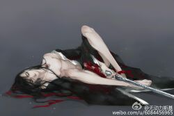 1boy bare_legs bare_pectorals bare_shoulders barefoot black_hair black_hanfu chest_tattoo chinese_clothes closed_mouth convenient_censoring faux_traditional_media grey_background grey_eyes hair_ribbon half-closed_eyes hanfu holding holding_sword holding_weapon implied_yaoi ink_wash_painting jian_(weapon) kcllzas163 light_particles long_hair lying male_focus modao_zushi naked_robe off_shoulder on_side open_clothes open_robe pectorals ponytail red_ribbon red_sash ribbon robe robe_partially_removed sash sheath sheathed smile solo spread_legs sword tattoo third-party_source watermark weapon web_address wei_wuxian weibo_watermark