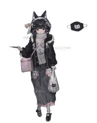 1girl animal_ear_fluff animal_ears bag black_hair black_jacket black_shoes black_skirt blue_bow bow cat_ears cat_girl chinese_commentary commentary_request frilled_skirt frills full_body grey_background grey_pantyhose grey_scarf grey_sweater hair_bow hairband highres holding holding_bag hood hood_down hooded_jacket jacket long_skirt long_sleeves mittens multiple_hair_bows open_clothes open_jacket open_mouth original pantyhose pink_mittens pointy_ears pom_pom_(clothes) red_bow red_eyes scarf shoes short_hair simple_background skirt solo sweater unworn_mittens vihua6 white_bag white_hairband yellow_bow