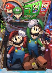 5boys absurdres arm_up baby_luigi baby_mario bad_tag black_eyes blue_overalls brothers brown_hair brown_shoes commentary_request facial_hair green_hat hat heart highres hiyashimeso long_sleeves luigi male_focus mario mario_&amp;_luigi:_bowser&#039;s_inside_story mario_&amp;_luigi:_dream_team mario_&amp;_luigi:_paper_jam mario_&amp;_luigi:_partners_in_time mario_&amp;_luigi:_superstar_saga mario_&amp;_luigi_rpg mario_(series) multiple_boys mustache nintendo open_mouth overalls paper_mario paper_mario_(character) red_hat shoes siblings