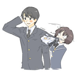 &lt;|&gt;_&lt;|&gt; 1boy 1girl amagami arm_behind_head behind_another biting black_eyes black_hair black_jacket black_necktie blazer blush_stickers brother_and_sister brown_hair clenched_teeth collared_shirt cropped_torso hand_up jacket jibakurei_(elite_unchi) leaning_back long_sleeves motion_lines necktie open_mouth school_uniform shirt short_hair siblings simple_background smile tachibana_jun&#039;ichi tachibana_miya tearing_clothes teeth torn_clothes upper_body upturned_eyes white_background white_shirt