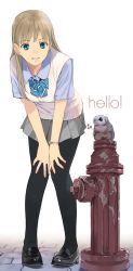 1girl animal berry black_pantyhose blonde_hair blue_eyes blush bow english_text female_focus fire_hydrant full_body grin hands_on_own_knees highres loafers long_hair long_image mibu_natsuki pantyhose school_uniform shoes skirt smile solo standing sweater_vest tall_image watch