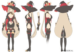 1girl black_boots black_cape black_dress black_gloves black_hat black_thighhighs blonde_hair blush boots bra bra_peek bra_strap breasts cape cleavage cleavage_cutout closed_mouth clothing_cutout collarbone collared_dress copyright_notice dot_mouth dress elbow_gloves fang fang_out flat_color from_behind from_side full_body gloves hair_between_eyes hat high_heel_boots high_heels kanzarin large_breasts long_hair looking_at_viewer multiple_views navel navel_cutout nijisanji nui_sociere nui_sociere_(1st_costume) official_art partially_fingerless_gloves red_bra red_cape red_hat red_ribbon reference_sheet ribbon side_cape side_slit sideboob simple_background skin_fang sleeveless sleeveless_dress slit_pupils straight-on thigh_boots thighhighs thighs torn_clothes torn_hat two-sided_cape two-sided_fabric two-sided_headwear underwear very_long_hair virtual_youtuber white_background wide_brim witch witch_hat yellow_eyes