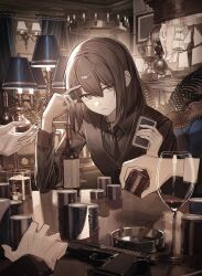 1girl 2others blue_eyes bottle brown_hair brown_jacket brown_necktie card cigarette_holder commentary_request cup drinking_glass gun hair_between_eyes highres holding holding_card indoors jacket lantern long_sleeves multiple_others necktie original parted_lips poker_chip short_hair small_sweatdrop solo_focus tamitami upper_body v-shaped_eyebrows weapon wine_bottle wine_glass