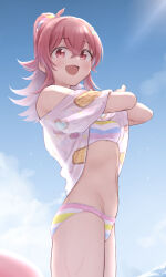 1girl absurdres bare_shoulders bikini blue_sky blush breasts clothes_lift commentary_request crossed_bangs day hair_between_eyes highres idolmaster idolmaster_shiny_colors kijibato_123-gou komiya_kaho lifting_own_clothes long_hair looking_at_viewer medium_breasts multicolored_bikini navel open_mouth outdoors rainbow_print red_eyes red_hair shirt shirt_lift sky smile solo swimsuit thighs wet white_shirt