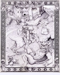 1girl 6+boys bone border bowser castle darth_vader fine_art_parody framed goomba hat koopa lance mario mario_(series) multiple_boys nintendo overalls parody plant polearm princess_peach princess_peach&#039;s_castle skull star_wars toad_(mario) venus_flytrap weapon yoshi