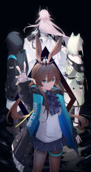 1other 3girls absurdres amiya_(arknights) animal_ears aqua_eyes arknights arm_up ascot black_background black_coat black_hair black_horns blue_coat brown_hair brown_pantyhose chromatic_aberration clothes_writing coat commentary deflagration_0_(ash) doctor_(arknights) dress facing_away green_hair hair_between_eyes hands_in_pockets highres hood hood_up horns jewelry kal&#039;tsit_(arknights) long_hair long_sleeves looking_at_viewer multiple_girls open_clothes open_coat outstretched_arm pantyhose parted_lips pink_hair ponytail purple_ascot ring shirt short_hair sidelocks simple_background skirt_hold star_of_life theresa_(arknights) two-sided_coat two-sided_fabric white_dress white_shirt