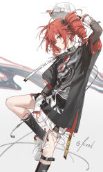 1girl absurdres arm_warmers black_ribbon black_shirt black_socks blush closed_mouth drill_hair hair_ribbon highres kasane_teto kieed kneehighs leash red_eyes red_hair red_nails revision ribbon shirt shoes skirt socks solo standing standing_on_one_leg t-shirt twin_drills utau white_shoes white_skirt